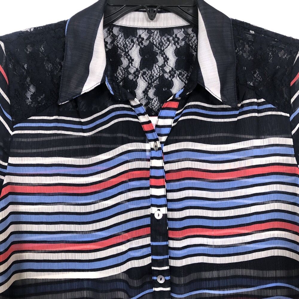 No Boundaries Womens Laced Long Sleeve Blouse Size M Black Multicolor Striped